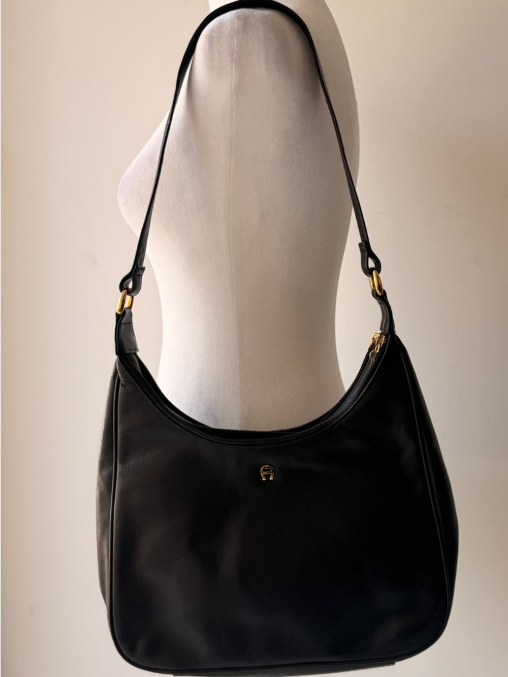 Vintage Etienne Aigner Black Leather Hobo with Gold Hardware